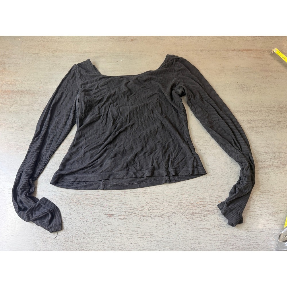Shein Black Ribbed Long Sleeve Top Strappy Cutout Back Size M